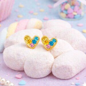 18K Gold Plated Heart Stud Earrings Colorful Zircon Stainless Steel Dainty